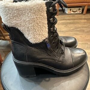 Marc Fisher Black Combat Boots with Cream Fur Trim